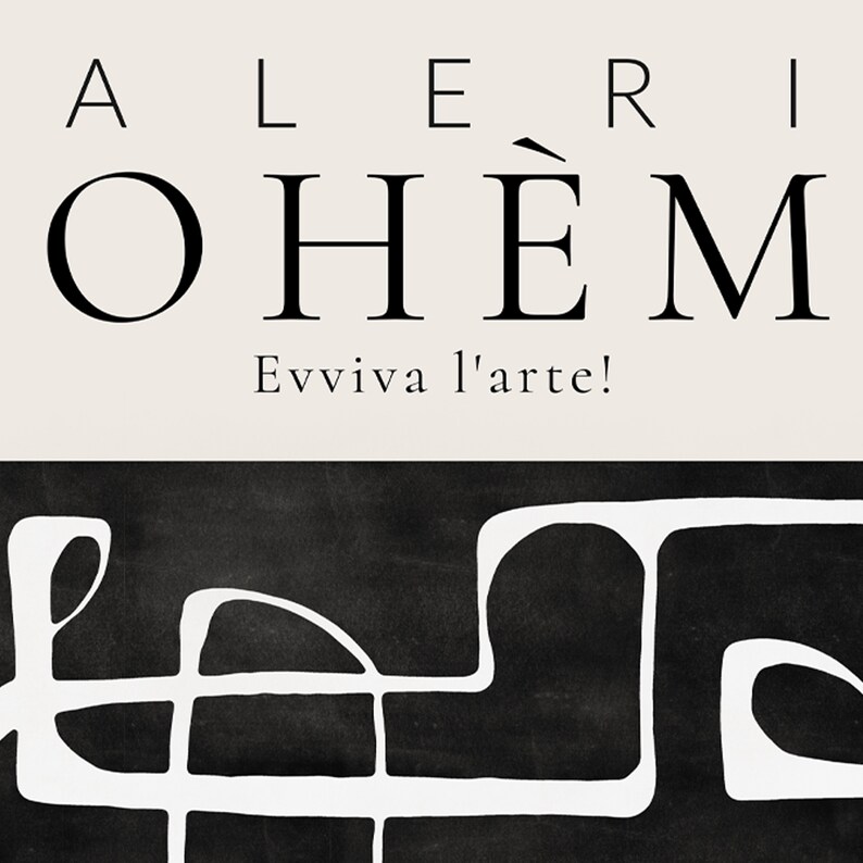 May include: Black and white abstract art print with the text "ALERI OH&Eacute;M Evviva l'arte!" in black lettering.
