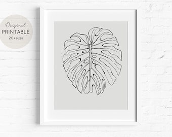 Monstera Leaf Line Art Print – Minimalist Botanic Wall Decor (Digital Download)