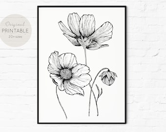 Printable Wall Art | Flower Drawing | Black and White | Digital Download