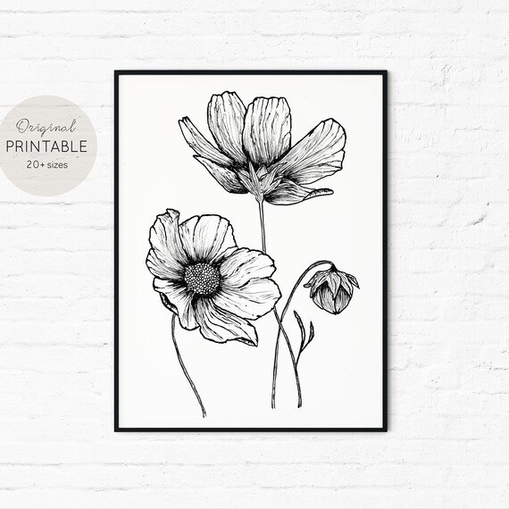 Printable Wall Art Flower Drawing Black and White | Etsy
