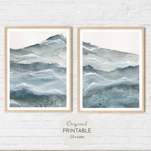 Blue sea printable wall art set of 2, coastal watercolor prints, beach house abstract ocean print
