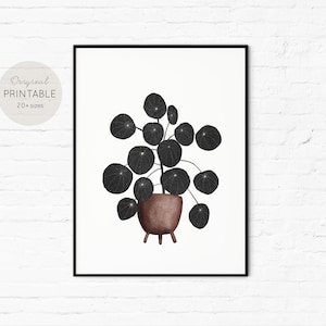 May include: A black and white illustration of a potted plant with round leaves. The plant is in a brown pot with four legs.