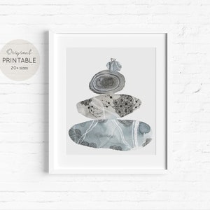 Pebble Art  Print, Zen Stones, Meditation Rocks, Printable Wall Art, Watercolor Duck Egg Digital Download