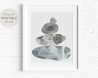 Impresión de acuarela de piedras zen, arte mural de rocas de meditación (descarga digital)