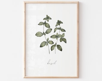 BASIL HERB PRINT - printable wall art for kitchen, digital download