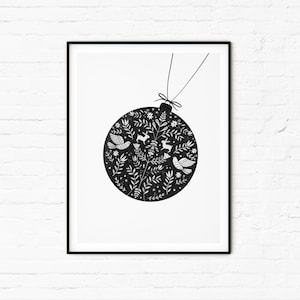 Christmas Ball Printable Wall Art, Norwegian Folk Art, Black and White Printable Decor, Digital Download