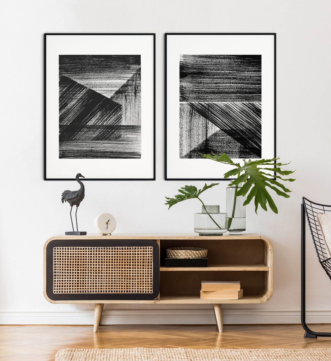 Geometric Abstract Art Print Set – Black and White Brush Strokes ...