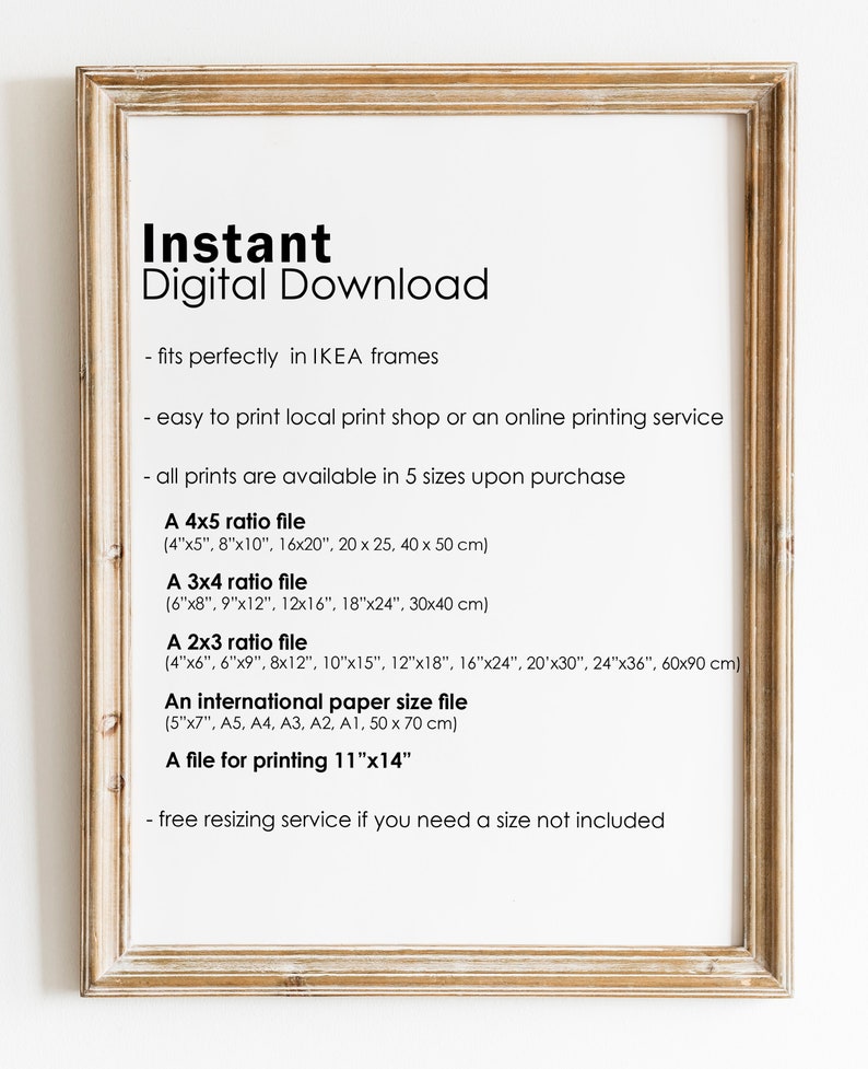 Puede incluir: Un p&oacute;ster de descarga digital enmarcado con el texto "Instant Digital Download" e informaci&oacute;n sobre los diferentes tama&ntilde;os disponibles para su compra. El p&oacute;ster est&aacute; en un marco de madera clara y tiene un fondo blanco.