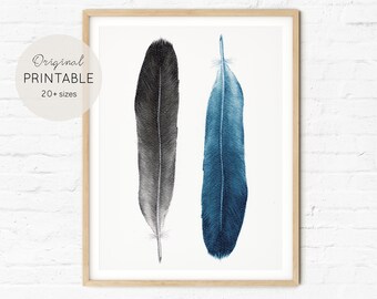 Watercolor Feather Print | Navy Blue Boho Wall Art (Digital Download)
