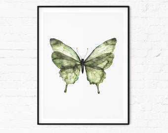BUTTERFLY PRINT, printable wall art, digital download, green watercolor painting