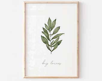 HERB PRINT, botanical kitchen printable wall art, bay leaves digital download