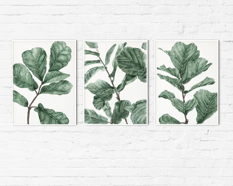 Op de afbeelding: Drie ingelijste prints van aquarel schilderijen van groene bladeren. De bladeren zijn verticaal gerangschikt en hebben een witte achtergrond.