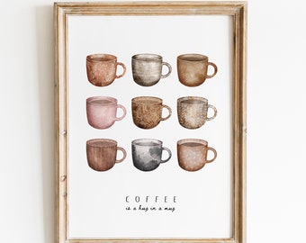 COFFEE MUGS PRINT - Printable Wall Art, Kitchen decor, coffee lover gift, digital download poster