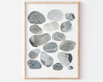 Lámina artística de acuarela con piedras zen, azul huevo de pato, pintura costera gris (descarga digital)