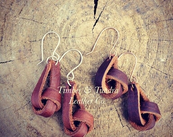 Premium Leather Knot Earrings, NICKEL FREE, oiled leather earrings, knot earrings, drop earrings