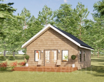May include: A small, brown wooden cabin with a black roof and a wooden deck. The cabin is surrounded by trees and grass.