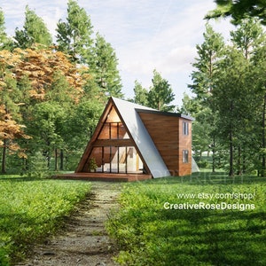 Spacious Sunset Modern A Frame 26&#39; x 40&#39; / Vacation Cabin / A-Frame House Design Concept Plans Blueprint
