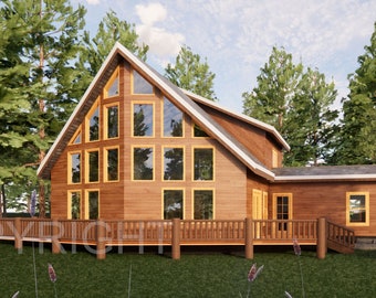 May include: A wooden cabin with a large window in the front, surrounded by trees. The cabin has a deck with railings and a wooden roof.