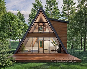 Spacious Sunset Modern A Frame 26' x 40' / Vacation Cabin / A-Frame House Design Concept Plans Blueprint