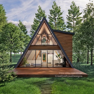 Spacious Sunset Modern A Frame 26&#39; x 40&#39; / Vacation Cabin / A-Frame House Design Concept Plans Blueprint