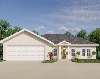 May include: Exterior view of a single-story house with a light beige facade, a dark gray roof, and a two-car garage. The house has a front door with sidelights, and is surrounded by landscaping, including trees and bushes. The sky is blue with some clouds.
