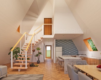 May include: A modern, open-concept home with a white interior, wooden floors, and a staircase leading to a loft. The home features a living room with a gray sofa, a dining area with a wooden table and chairs, and a kitchen with white cabinets and a blue tiled backsplash.