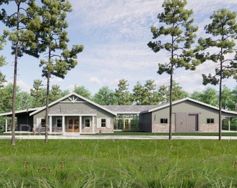 May include: A gray, single-story house with a stone facade and a large front porch. The house has a large, open garage door and a large window on the side. The house is surrounded by trees and grass.