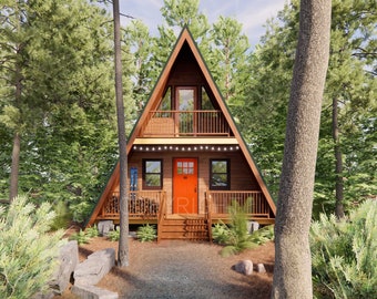 22' x 36' Modern Vacation Cabin / Tiny House / A-Frame House Design Architectural Blueprint Plans