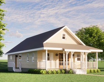 May include: A small, light yellow house with a white porch and a gray roof. The house is surrounded by green grass and trees.