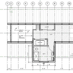 May include: A black and white architectural floor plan of a house with a loft, bedroom, bathroom, laundry room, and closet. The plan includes measurements in feet.