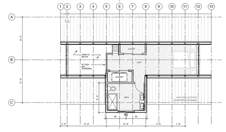 May include: A black and white architectural floor plan of a house with a loft, bedroom, bathroom, laundry room, and closet. The plan includes measurements in feet.
