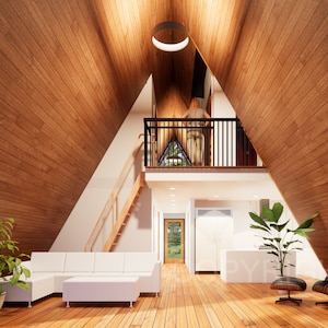 Puede incluir: Una casa moderna de forma triangular con un interior de madera. La casa cuenta con un loft con una barandilla y una escalera que conduce hasta él. La sala de estar tiene un sofá seccional blanco, una mesa de café y una ventana grande. La cocina es visible en el fondo con gabinetes blancos y un refrigerador de acero inoxidable.