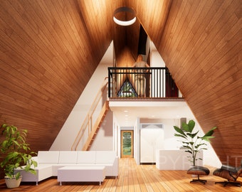May include: A modern, triangular home with a wooden interior. The home features a loft with a railing and a staircase leading up to it. The living room has a white sectional sofa, a coffee table, and a large window. The kitchen is visible in the background with white cabinets and a stainless steel refrigerator.