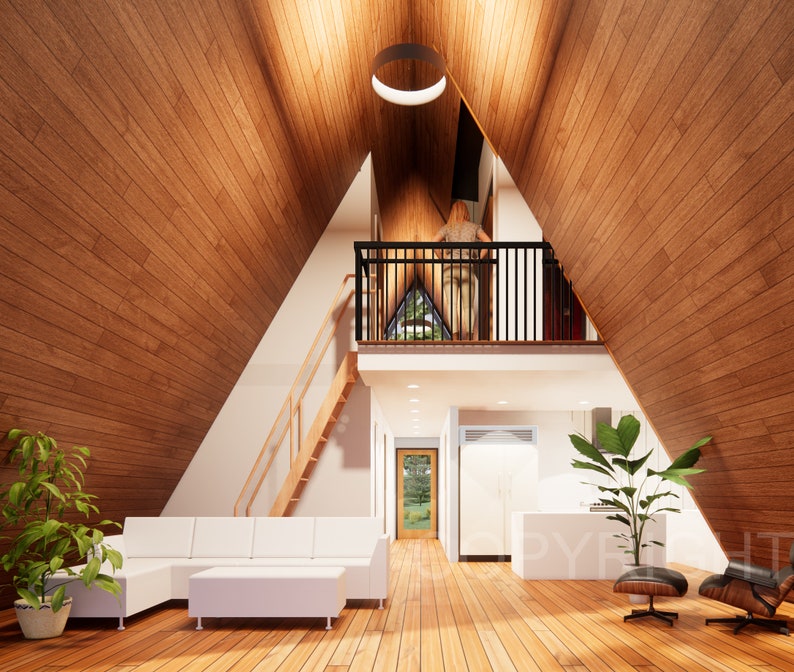 May include: A modern, triangular home with a wooden interior. The home features a loft with a railing and a staircase leading up to it. The living room has a white sectional sofa, a coffee table, and a large window. The kitchen is visible in the background with white cabinets and a stainless steel refrigerator.