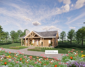 May include: A small, wooden house with a brown roof and a porch. The house is surrounded by a lush green lawn and a flower garden with pink, red, and yellow flowers. The sky is blue with white clouds.