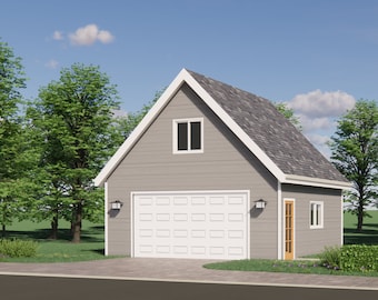 May include: A gray, single-car garage with a white garage door, a small window on the side, and a dormer window on the front. The garage is surrounded by green trees and bushes.