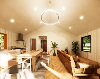 May include: A modern living room with a wooden dining table and chairs, a brown leather sofa, and two potted plants. The room has a vaulted ceiling with a circular light fixture.