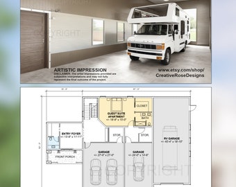 May include: Floor plan of a home with a guest suite, two garages, and an RV garage. The guest suite is 18 feet 9 inches by 15 feet. The garages are 27 feet by 21 feet and 24 feet by 14 feet 6 inches. The RV garage is 45 feet 4 inches by 18 feet 10 inches.