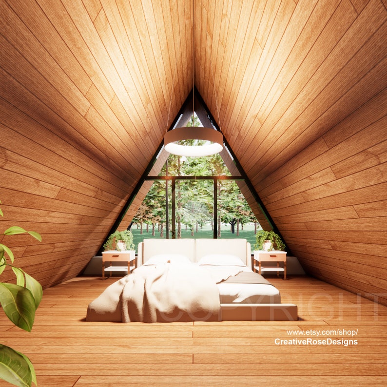 May include: A bedroom with a wooden ceiling and a large window overlooking a forest. The bed has a white comforter and a white headboard. There are two nightstands with lamps on either side of the bed.