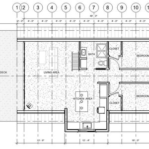 May include: Black and white floor plan of a house with a deck. The house has a living area, kitchen, bathroom, and two bedrooms. The deck is 14 feet by 12 feet. The house is 40 feet wide and 20 feet deep.