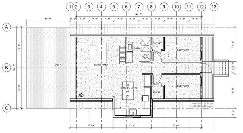 May include: Black and white floor plan of a house with a deck. The house has a living area, kitchen, bathroom, and two bedrooms. The deck is 14 feet by 12 feet. The house is 40 feet wide and 20 feet deep.