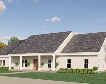 May include: A white farmhouse style home with a gray roof, a covered porch, and a wooden front door. The home is surrounded by green grass and trees.