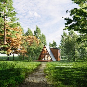 May include: A wooden A-frame cabin nestled in a forest clearing. The cabin has large windows and a path leading up to the front door. The trees surrounding the cabin are green and lush.