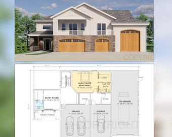 May include: A floor plan for a house with a guest suite apartment, two garages, and an RV garage. The plan shows the dimensions of each room in feet. The house has a front porch and an entry foyer. The guest suite apartment has a bathroom and a closet. The garages have storage space. The RV garage is 45 feet 4 inches by 18 feet 10 inches.