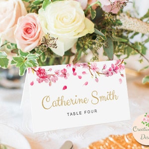Printable Place Cards Escort Cards, Instant Download, Pink Cherry Blossom Wedding Printable Template, Edit in Word or Pages