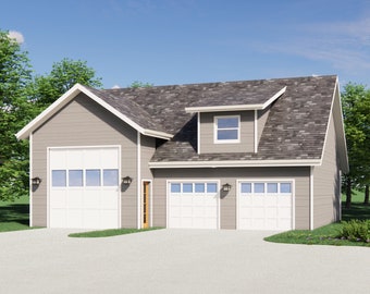 May include: A gray three-car garage with a single-car garage attached to the side. The garage has a dormer window and a gray asphalt driveway.
