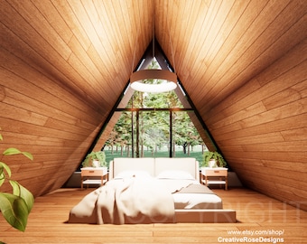 May include: A bedroom with a wooden ceiling and a large window overlooking a forest. The bed has a white comforter and a white headboard. There are two nightstands with lamps on either side of the bed.