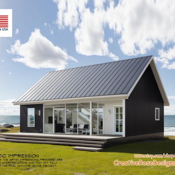 Lake Pine Cabin 40' x 30' / Scandinavian Vacation Cabin / Architectural House Design Concept Plans Blueprint