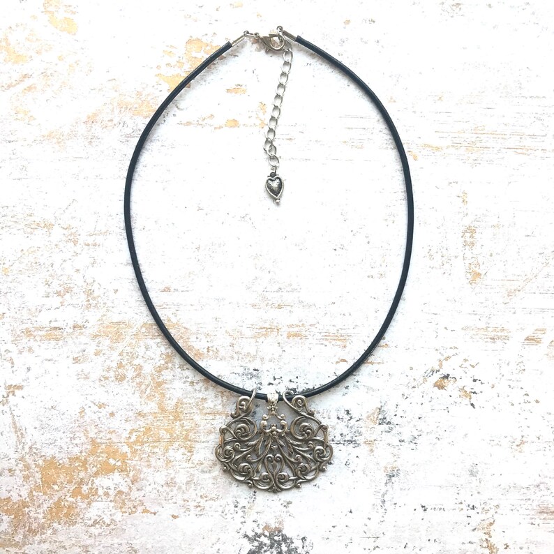 Oxidized sterling silver plated brass filigree pendant on 14 genuine leather choker with extra 2 extender chain