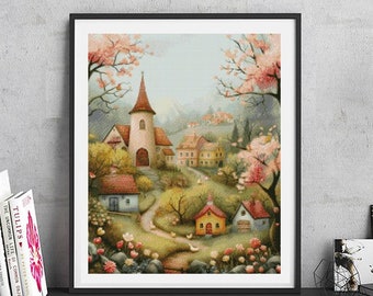 JMP0558_Spring Village, cross stitch pattern PDF, full coverage Hand embroidery pattern, Counted Cross Stitch, Instant PDF Download